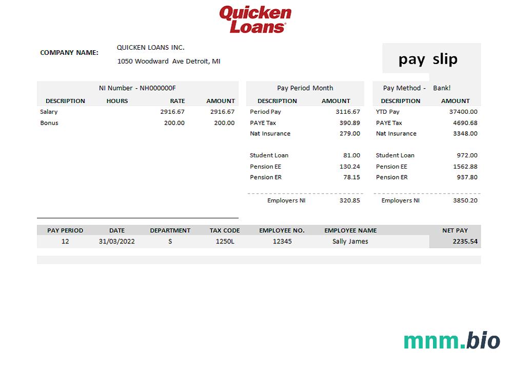 USA Quicken Loans Inc. kredyt hipoteczny firma pay stub